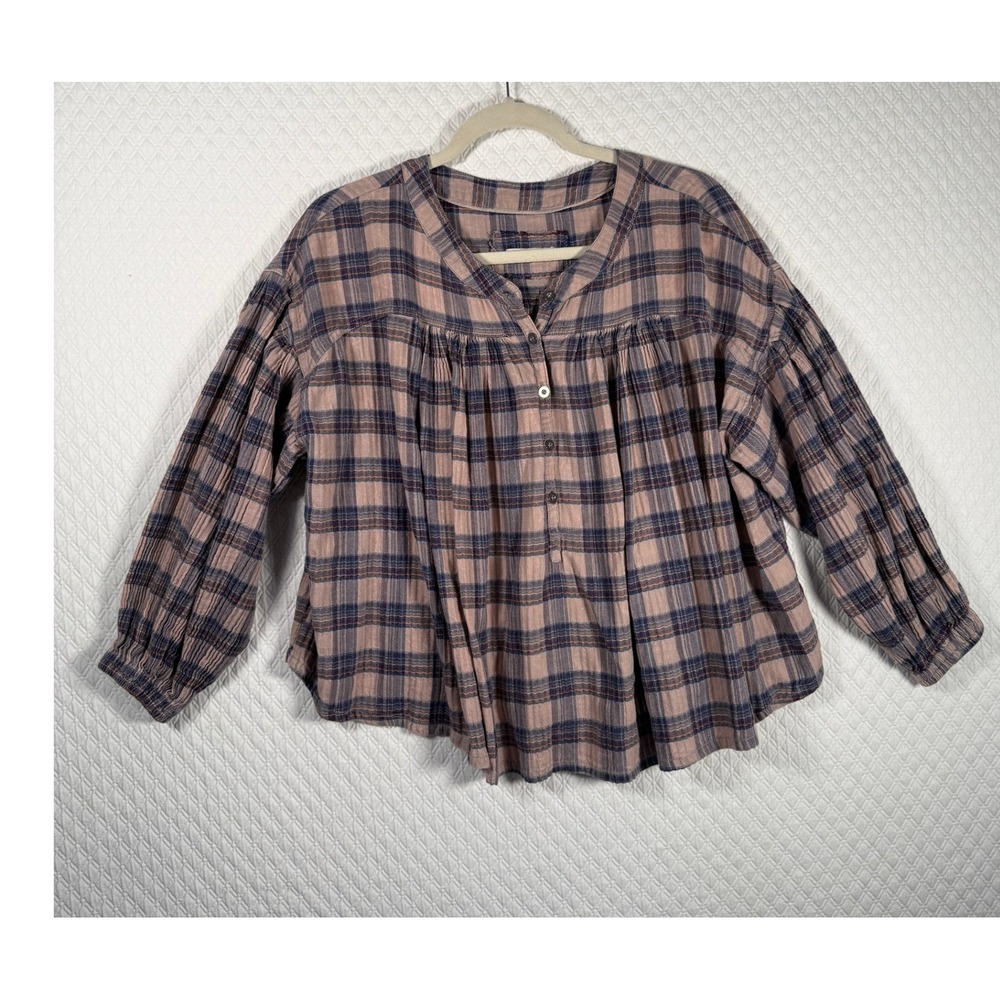 We The Free Free People Jessi Plaid Henley Sm Babydoll Peasant Top Pink Blue 1.5 - Picture 2 of 8